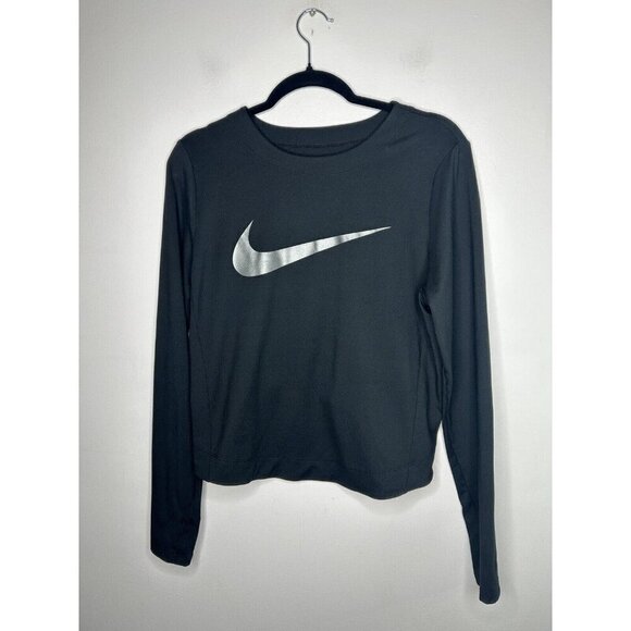 Nike Women Activewear Shirt Black Running Element Cropped Dri-Fit Size Medium - Picture 1 of 10